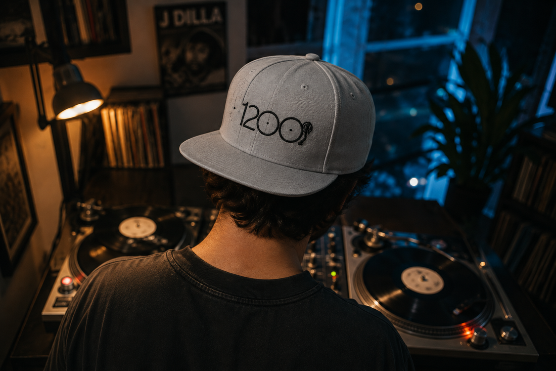 BX Originals 1200 Turntable Snapback Hat on a Technics turntable platter.