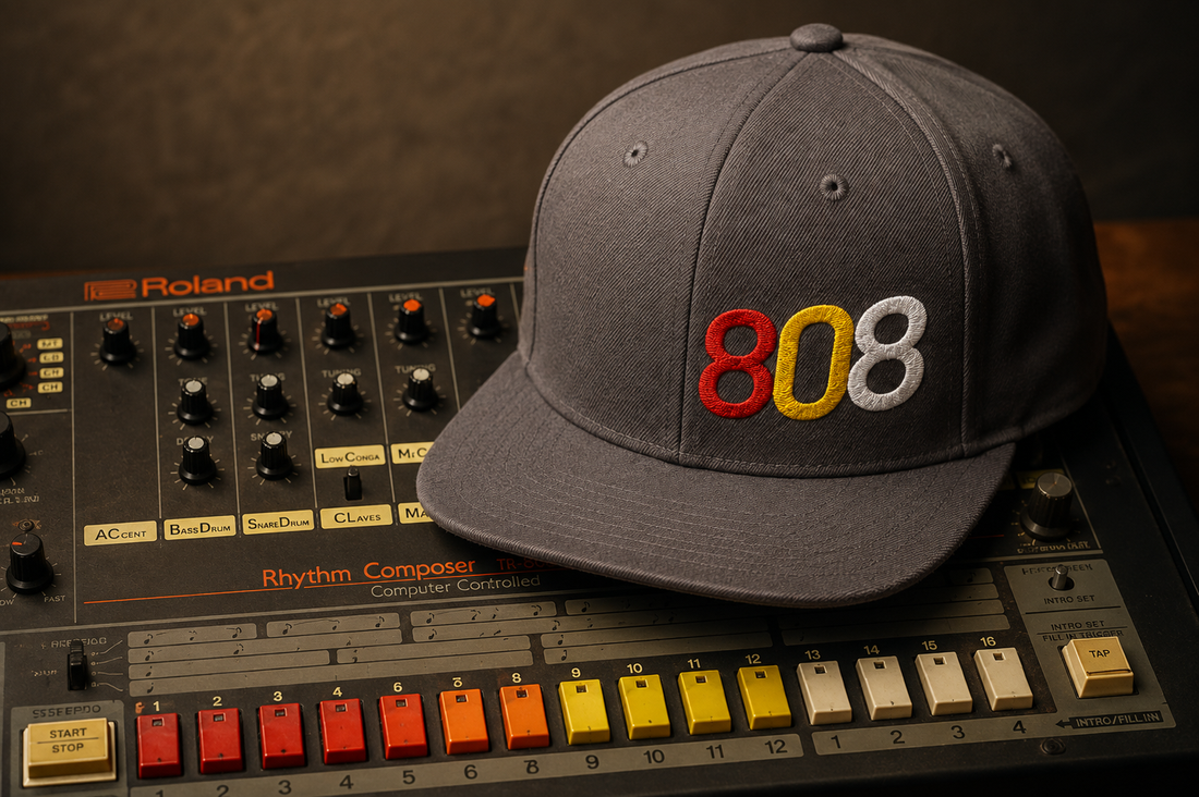 BX Originals 808 Drum Machine Snapback Hat resting on a Roland TR-808
