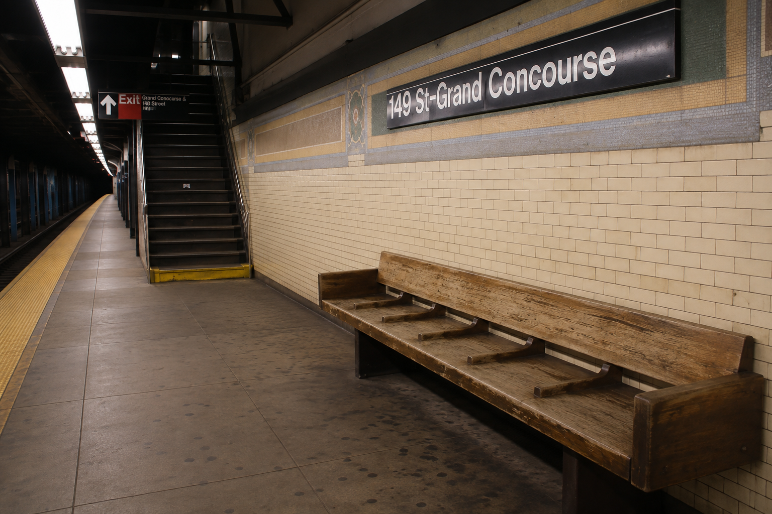 The uptown platform at 149th Street–Grand Concourse in the Bronx, site of the Writers' Bench.