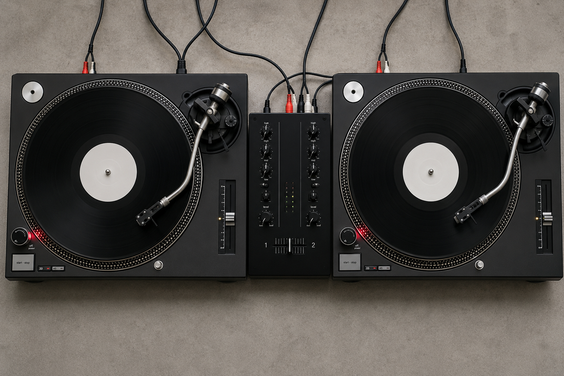 Two copies of the same record cued on two turntables — the setup behind the merry-go-round.