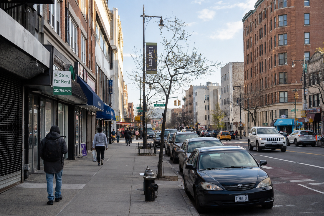 125th Street between Madison and Fifth Avenues, Harlem — the block where Dapper Dan's Boutique operated from 1982 to 1992.