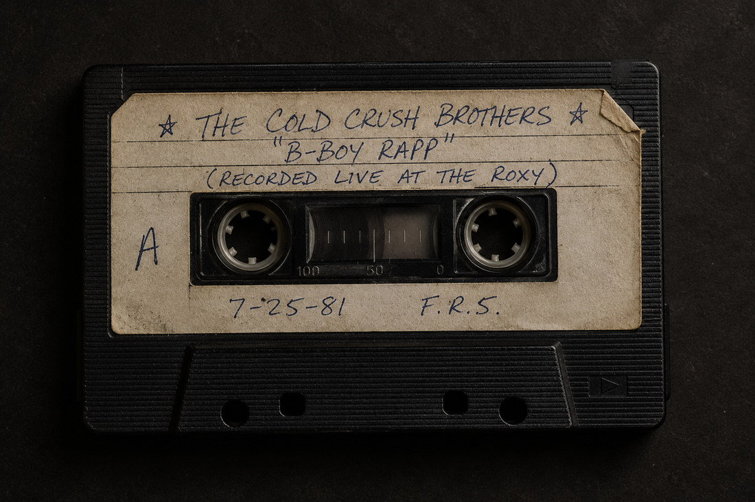 A cassette tape with a hand-written label — the format hip-hop circulated on before there was a record industry for it.