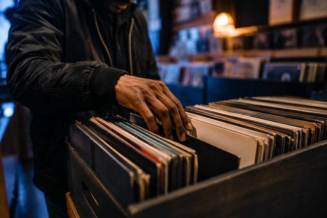Hands flipping through a crate of vinyl records.