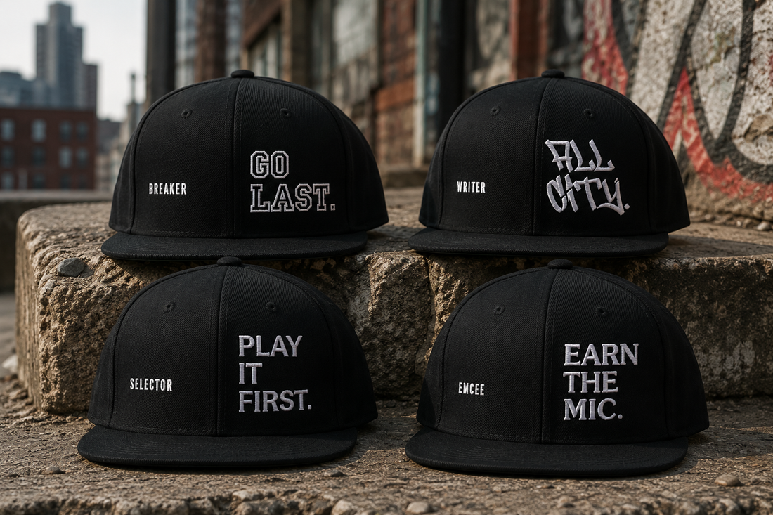 Four hip-hop elements represented on BX Originals caps — Selector, Emcee, Breaker, Writer.