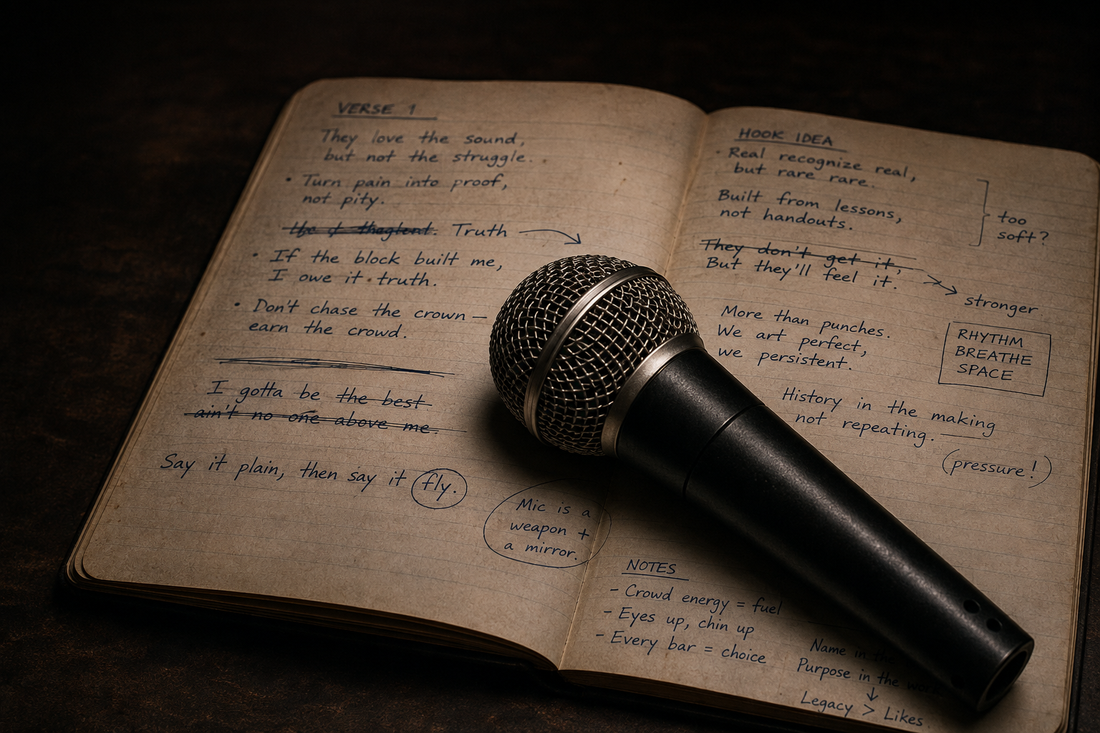 A microphone resting on an open notebook of handwritten lyrics.