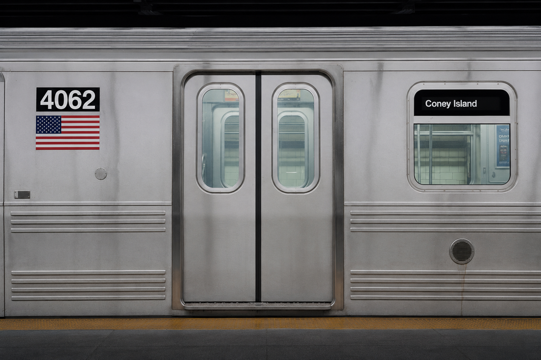 A clean stainless-steel New York subway car, the fleet condition the MTA declared achieved on May 12, 1989.