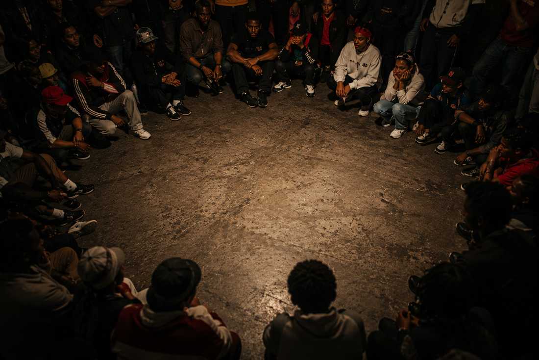 A circle of people gathered around an open space at a breaking jam.
