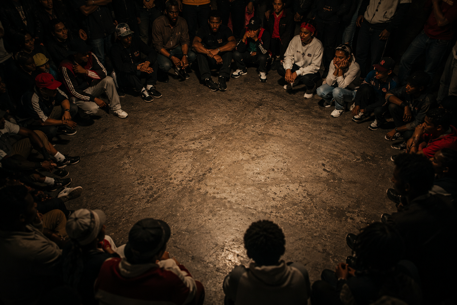 A circle of people gathered around an open space at a breaking jam.