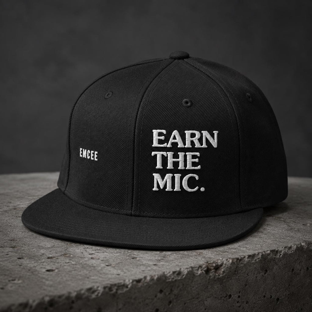Emcee Snapback Hat | Earn The Mic Embroidered Cap | MC Rapper Gift | Old School Hip Hop Streetwear | Gift for Lyricists and Freestylers