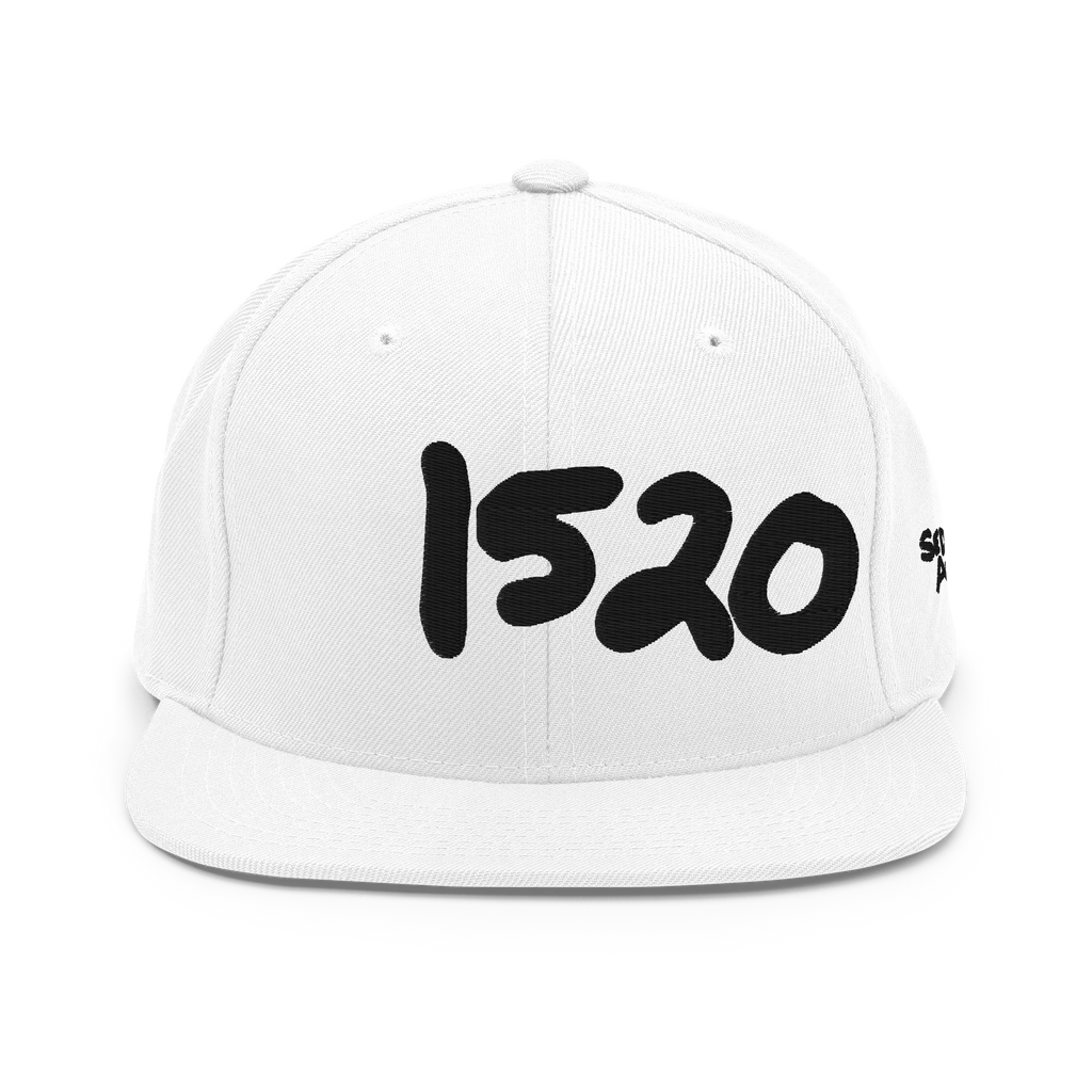 Front view of the white 1520 Cap with black handstyle embroidery