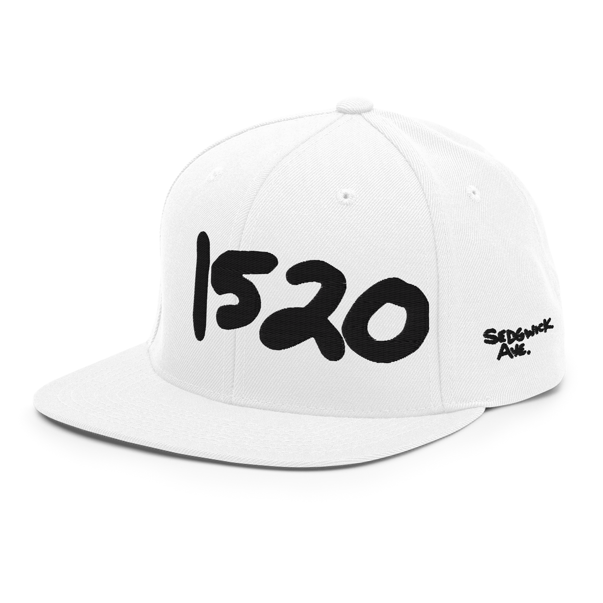 Three-quarter front view of the white 1520 Cap with Sedgwick Ave side script