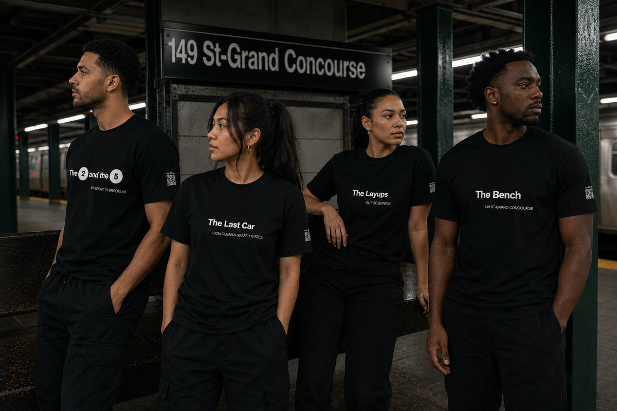 Four models in Bench Series tees beneath the 149 St-Grand Concourse sign