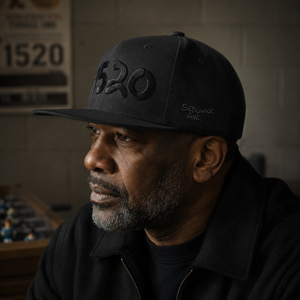 Profile of a man wearing the black 1520 Cap beneath a 1520 sign