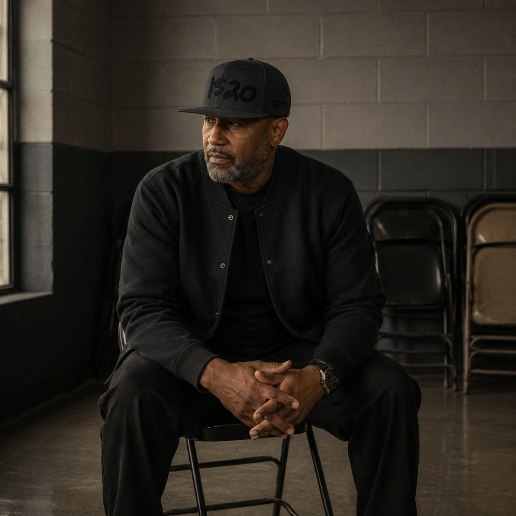 Man seated on a folding chair in a rec room wearing the black 1520 Cap