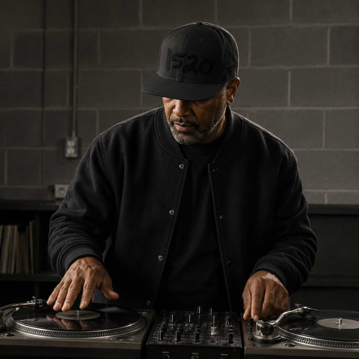 Man DJing at turntables wearing the black 1520 Cap