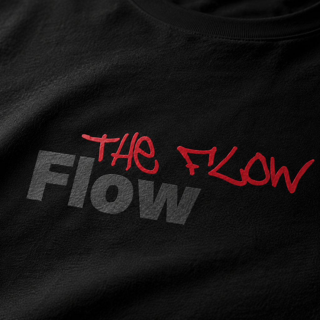 Close-up of the red THE FLOW handstyle over charcoal Flow
