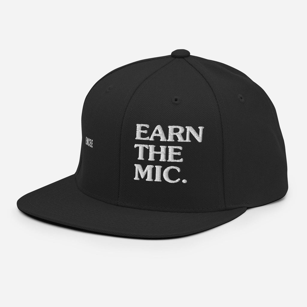 Emcee Snapback Hat | Earn The Mic Embroidered Cap | MC Rapper Gift | Old School Hip Hop Streetwear | Gift for Lyricists and Freestylers