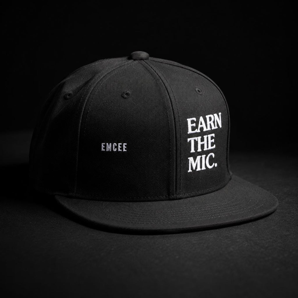 Emcee Snapback Hat | Earn The Mic Embroidered Cap | MC Rapper Gift | Old School Hip Hop Streetwear | Gift for Lyricists and Freestylers