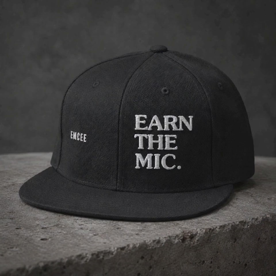 Emcee Hat | Earn The Mic Embroidered Cap | MC Rapper Gift | Old School Hip Hop Streetwear | Gift for Lyricists and Freestylers